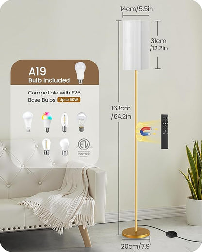 2Pack 64.2” Dimmable Floor Lamp for Living Room with Remote & Foot Switch, Corner Floor Lamp for Bedroom, Includes A19 Bulb, Modern Standing Tall Lamp, ETL Listed White and Gold DCW17LDP205