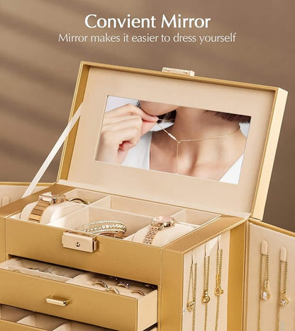 Homde Mothers Day Gifts Synthetic Leather Huge Jewelry Box Mirrored Watch Organizer Necklace Ring Earring Storage Lockable Gift Case (Gold)