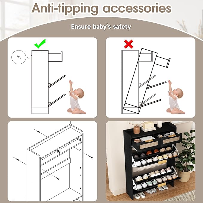 Rattan Shoe Storage Cabinet with 2 Flip Drawers & 2 Drawers, Freestanding Organizer for Front Door Entrance, Hidden Narrow Shoe Rack Cabinet Storage for Entryway, Black
