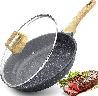 GiPP Nonstick Frying Pan Skillet with Lid - 8" Grey Granite Non Stick Pans, Omelette Pan with Heat-Resistant Handle, Compatible with All Stovetops, PFOA Free