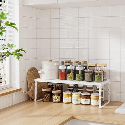 Expandable Adjustable Stackable Multi-Purpose Spice Racks,Metal Storage Rack, Practical Kitchen Pantry Shelves, Countertop for Kitchen, Bathroom, Storage Room & Other Places(1Pack/White,Medium)