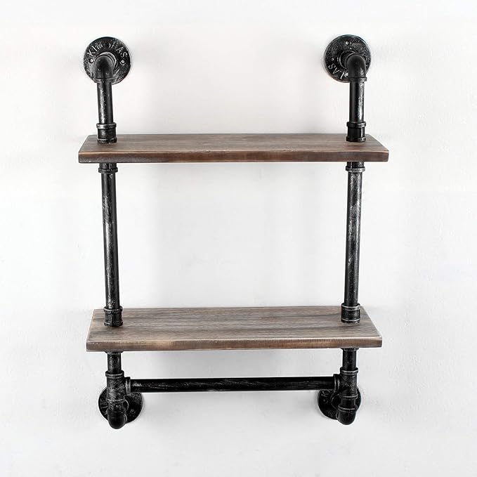 Industrial Pipe Shelf Bathroom Shelves Wall Mounted,19.6in Rustic Wood Shelf with Towel Bar,2 Tier Farmhouse Towel Rack Over Toilet,Pipe Shelving Floating Shelves Towel Holder,Retro Grey