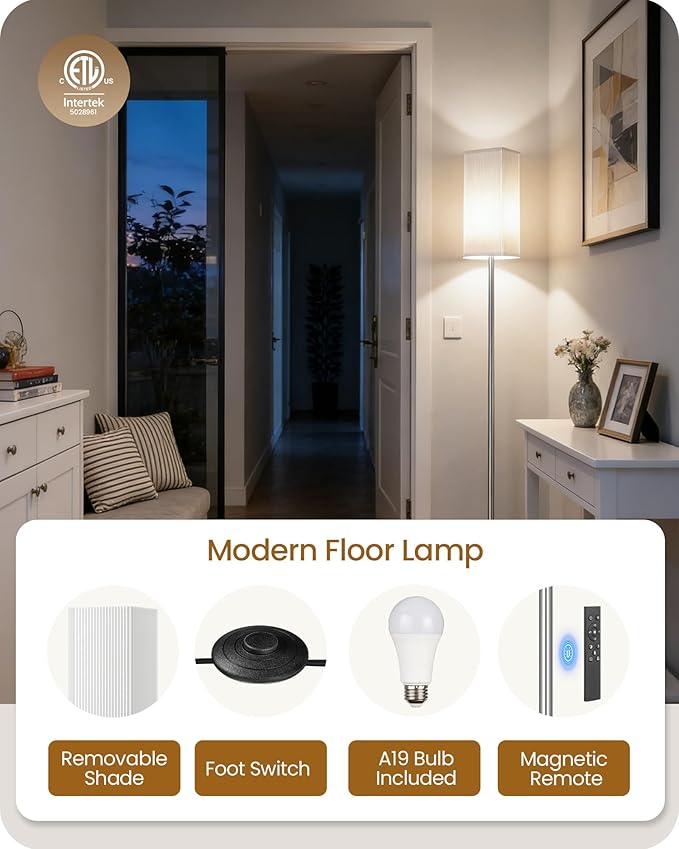64.2” Dimmable Floor Lamp for Living Room with Remote and Foot Switch, Corner Floor Lamp for Bedroom, Includes 10W A19 Bulb, Modern Standing Tall Lamp, ETL Listed, Silver and White SCW17LD05