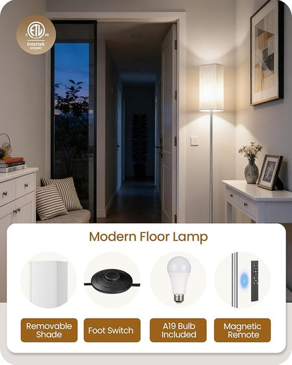 64.2” Dimmable Floor Lamp for Living Room with Remote and Foot Switch, Corner Floor Lamp for Bedroom, Includes 10W A19 Bulb, Modern Standing Tall Lamp, ETL Listed, Silver and White SCW17LD05