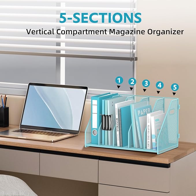 SUPEASY Binder Organizer, Magazine File Holder with 5 Vertical Compartments Rack, Metal Desk File Organizer & Binder Holders, Magazine Organizers for Office Desktop, Home, School, Classroom (Blue)