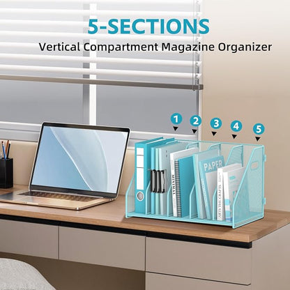 SUPEASY Binder Organizer, Magazine File Holder with 5 Vertical Compartments Rack, Metal Desk File Organizer & Binder Holders, Magazine Organizers for Office Desktop, Home, School, Classroom (Blue)