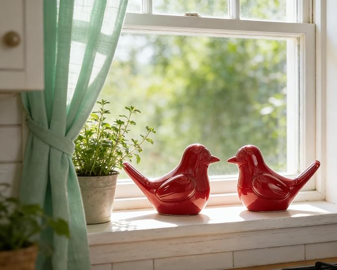Artconal Small Red Bird Statue Ceramic 2-Piece Set, 4½ inch Cute Knick Knack for Home Office Shelf Desk Decor