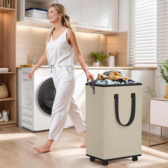 SpaceTrove Laundry Basket with Wheels, Collapsible Laundry Baskets, Laundry Hamper with Handles Detachable Wheels, Rolling Laundry Basket, Dirty Clothes Hamper for Bathroom, Dorm, Bedroom, Beige, 100L