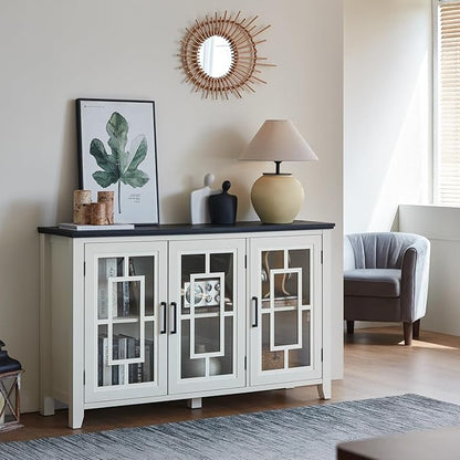 Large Sideboard Buffet Cabinet with Storage, 55" Farmhouse White Kitchen Coffee Wine Bar Cabinet with 3 Glass Doors, Wood Mid Century Modern Side Board Table for Dining Room, Living Room