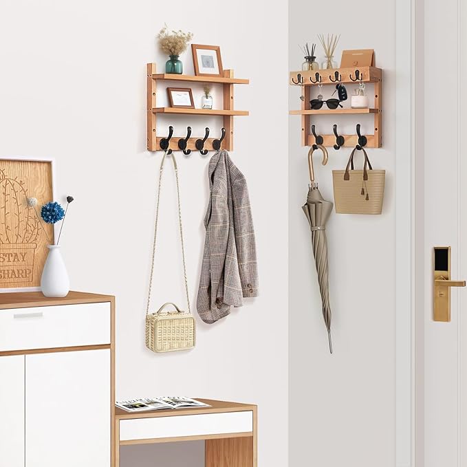 29" Coat Rack Wall Mount with Shelf, Pine Two-Tier Wall Shelf Mounted Coat and Key Hanger with 7 Heavy Duty Hooks 4 Key Hooks, Entryway Key Holder with Mail Holder for Bedroom,Living Room (Wood)