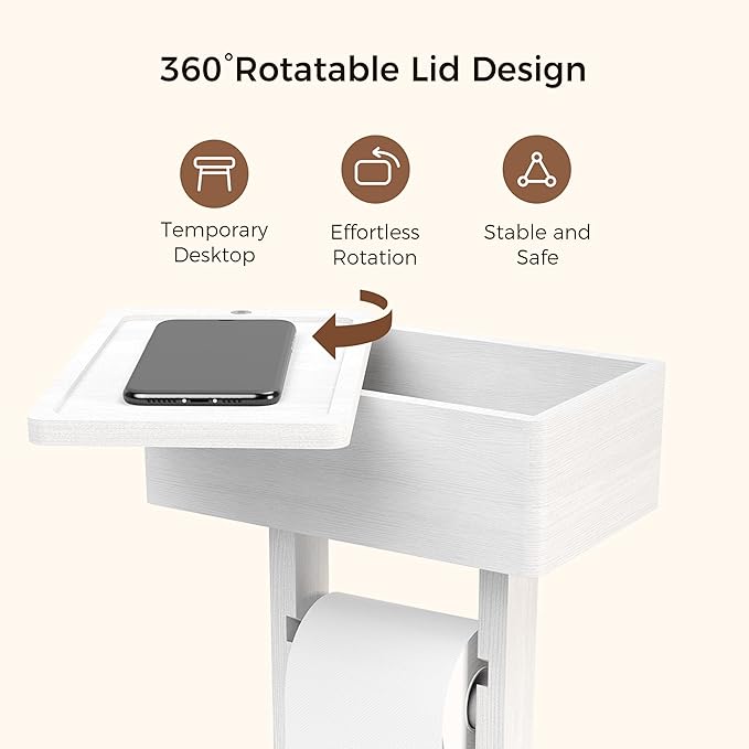 Wealone 4-in-1 White Toilet Paper Holder Stand with Storage Shelf Box, Bamboo Free Standing Toilet Tissue Roll, Toilet Wipes Dispenser Organizer, Temporary Desktop for Bathroom (Patent Protection)