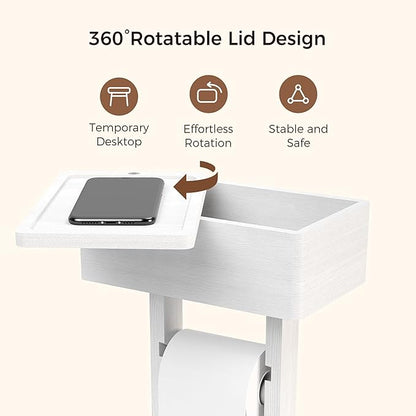 Wealone 4-in-1 White Toilet Paper Holder Stand with Storage Shelf Box, Bamboo Free Standing Toilet Tissue Roll, Toilet Wipes Dispenser Organizer, Temporary Desktop for Bathroom (Patent Protection)