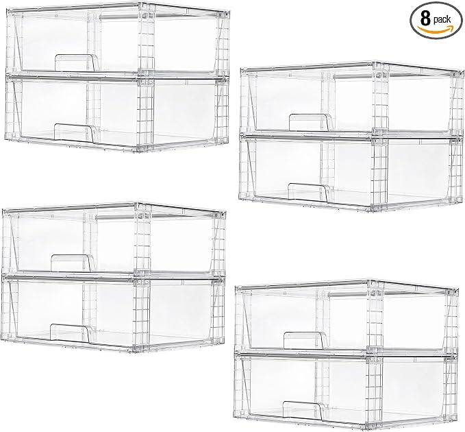 Vtopmart 8 Pack Stackable Storage Bins,Easily Assemble Clear Acrylic Bathroom Undersink Organizers,Plastic Storage Box for Kitchen Pantry,Medicine Organization