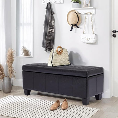 Faux Leather Ottoman with Storage, 41" Storage Bench Foot Rest with Legs, Ottoman Bench Sturdy Wood Frame Supports 660 lbs for Bedroom, Living Room, Entryway, Black