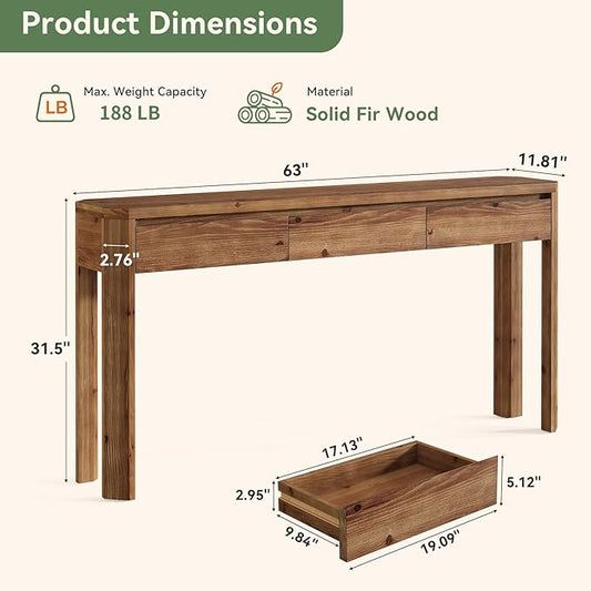 Solid Wood Console Table with 3 Drawers, 63-Inch Farmhouse Entryway Table with Rounded Corners, Long Sofa Table Behind Couch, Accent Table for Entrance, Hallway, Living Room, Rustic Brown