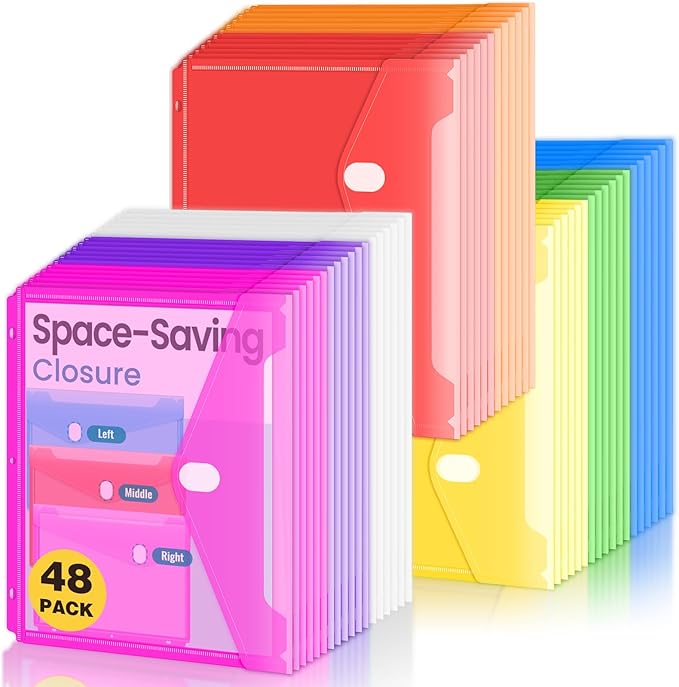Sooez 48 Pack Binder Folders Organizer with Staggered Closures, Super Heavyweight Binder Pockets for 3 Ring Binders, High Capacity Binder Pouch, Side Loading, School Supplies, Letter Size, 8 Color