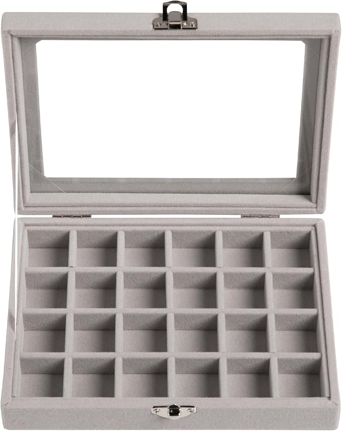 Frebeauty 24 Grid Jewelry Tray,Velvet Stud Earring Organizer,Small Jewelry Organizer with Clear Lid,Lockable Earring Holder Organizer Jewelry Boxes & Organizer Ring Holder for Women & Girls(Grey)