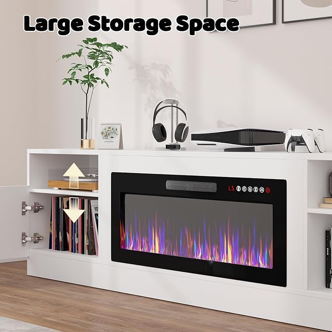 LEMBERI 80 Inch Fireplace TV Stand for TVs up to 90", 36" Electric Fireplace Entertainment Center with 20-Color LED, 300lbs Max Capacity Modern Wood Media Console Cabinet, White