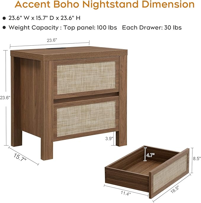 XIAO WEI Rattan Nightstand with Charging Station, Boho Bedside Table with 2 Drawers, Farmhouse End Table for Bedroom, Wood Accent Bed Side Table with Storage, Reclaimed Caramel Oak