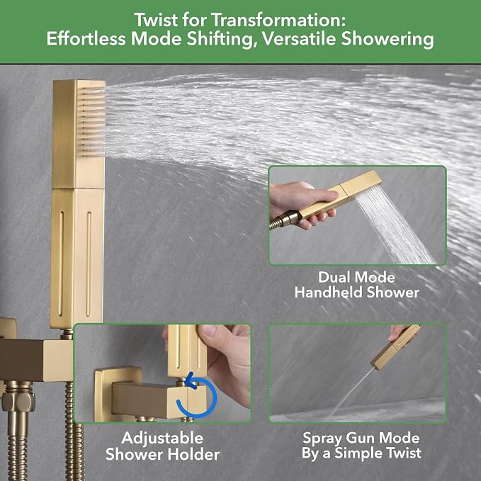 VANFOXLE Shower Faucet Set Brushed Gold Shower System, Push Button Diverter Shower Faucet with Trim Kit, Ceiling Mount 16 Inch Shower Head Increased Thick, 6 Inch Side Shower Head, 2-in-1 Handheld