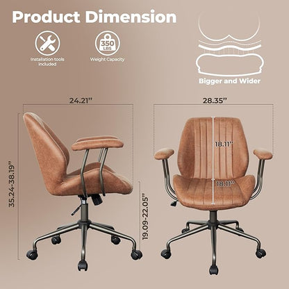 ovios Home Office Chair, Mid-Century Modern Faux Suede Leather Ergonomic Chairs, Mid Back Comfy Computer Swivel Rolling Task Executive Armchair, Brown