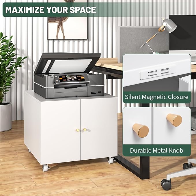 TEEALUBAN Printer Stand with Storage Cabinet with Wheels,3D Heavy Duty Metal Large Printer Table with Adjustable Shelf for Home Office, Mobile Printer Cart,White,17.72" H