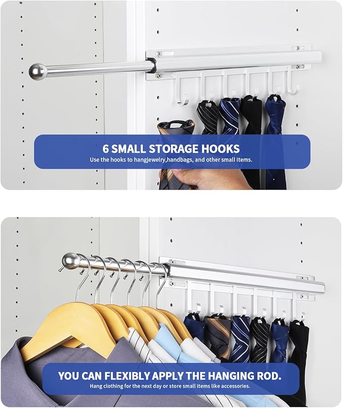 16.5" Valet Rod for Closet Pull Out With 6 Hooks Valet Rods for Closets (2Pack Silver) Closet Valet Rod Slide Out