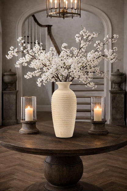 Vaseking Ceramic Natural Rustic Vase, 14.4 Inch Large Vintage Flower Threaded Decorative Farmhouse Tall Vase for Home Decor, Living Room, Shelf Decor, Wedding, Housewarming Gift, Off-White