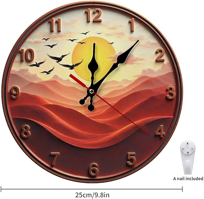 Wall Clock， Sunset Desert Landscape Non Ticking Wall Clocks Battery Operated， Red Wooden Wall Clocks for Kitchen， Living Room， Bedroom， Office， Bathroom Decorative 25 * 25cm