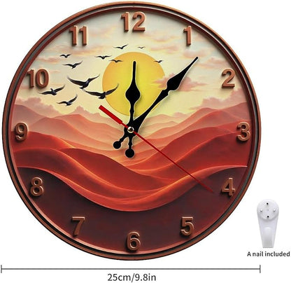 Wall Clock， Sunset Desert Landscape Non Ticking Wall Clocks Battery Operated， Red Wooden Wall Clocks for Kitchen， Living Room， Bedroom， Office， Bathroom Decorative 25 * 25cm