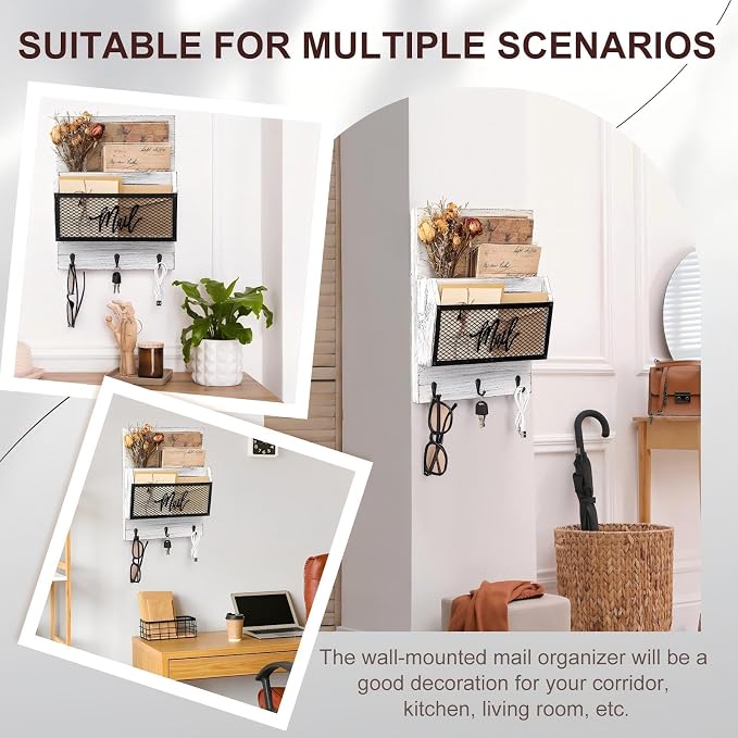 Yalikop Farmhouse Mail Organizer Wall Mounted Rustic Mail Holder Hanging Key Sorter with 3 Hooks Indoor Wooden Wall Mounted, Letter, Magazines, Newspapers, Keys(Classics,White Gray)