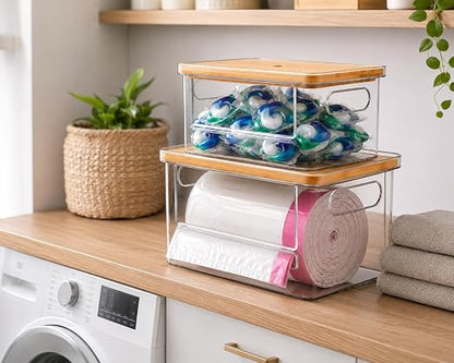 2-in-1 Stackable Trash Bag Dispenser & dishwasher pod holder with Wooden Top – Garbage Bag Holder for 13-33 Gallon Bags – Trash Bag Dispenser Under Sink with Anti-Slip Base for Laundry Detergent Pods