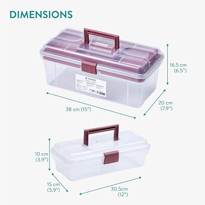 Navaris Plastic Pink Tool Box Set of 2-30.5cm (12") & 38cm (15") - Medicine Storage Boxes with Locking Latch - Organiser Tackle Box with Compartments - Art, Craft, Sewing, & more