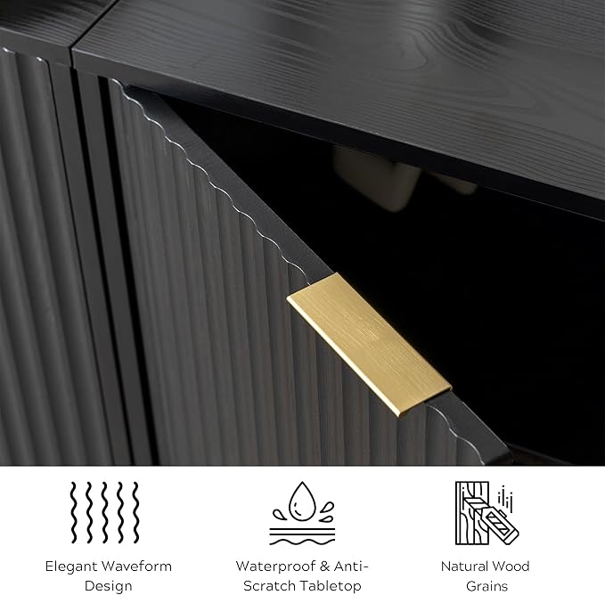 Fluted Storage Cabinets Set of 3, Sideboard Buffet Cabinet Modern Accent Cabinet with Adjustable Shelves, Credenza, Console Table Entryway Cabinets for Living Room, Black