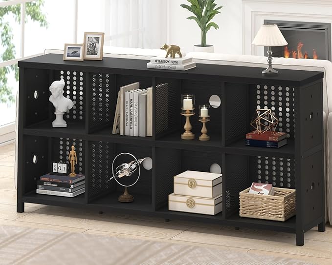LVB Black Horizontal Bookshelf, Modern Cube Storage Organizer Bookcase, Industrial Wide Long Wood Metal Book Shelf, Farmhouse Low Large Cube Shelf for Office Home Bedroom Living Room, Black Oak, 63 In