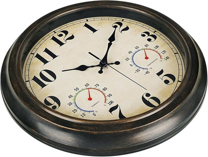 zyzamay 13 Inch Outdoor Clock with Thermometer and Hygrometer, Waterproof and Silent, Large Easy-to-Read Numbers, Ideal for Bedroom,Office,Living Room,Porch,Garden,Pool(BlackGold)