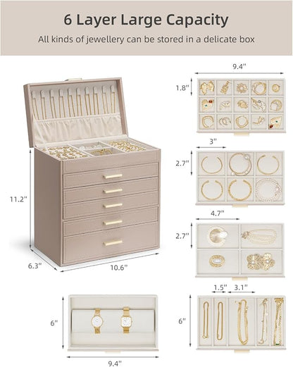 VLANDO 6 Layer Large Jewelry Box - Jewelry Holder Organizer, Jewelry Box Organizer for Drawer Necklace Ring Bracelet and Watch, Birthday Gift for Loved Ones - Toffee