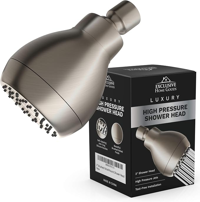 High Pressure Shower Head - Brushed Nickel - Powerful Deluxe Bathroom Showerhead with Strong Spray Stream and Small Silicone Nozzles - Universal Fit Works with High and Low Water Flow Showers-2.5 GPM