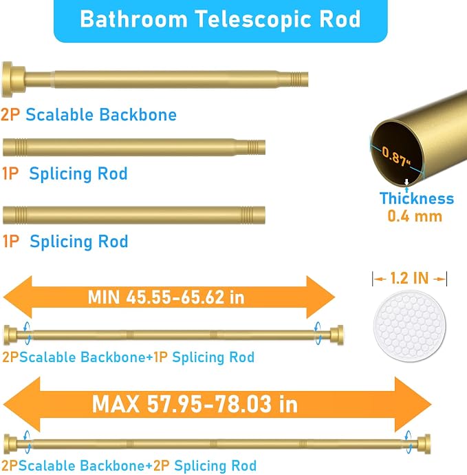 MEXAU Tension Curtain Rod For Window 45-77 Inches Adjustable Expandable Gold Spring Tension Rod Spring Curtain Rods No Drilling Extension Rods Tension Rod for Closet Doorway Kitchen
