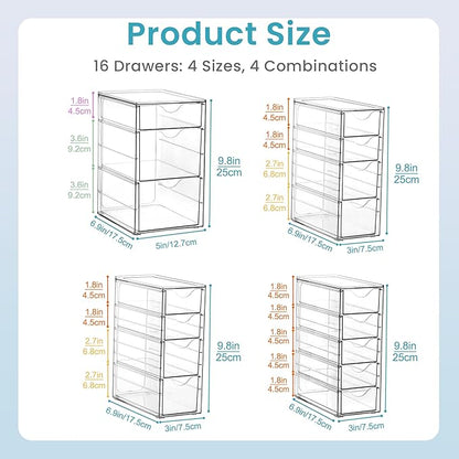Vtopmart 4 Set Clear Desk Organizer, Pen Organizer with 16 Drawers, Acrylic Desktop Organization and Storage for Office Supplies, Pen, Makeup, Art Craft, Jewelry