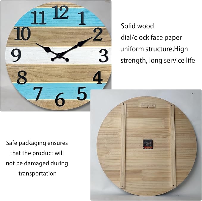Solid Wood Wall Clocks Battery Operated 12 Inch Blue Rustic Wall Clocks for Living Room Decor Analog Farmhouse Wall Clock Non Ticking