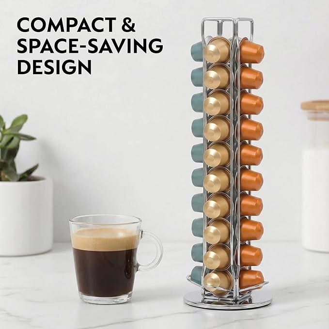 Rotating Coffee Pod Holder for Nespresso OriginalLine, 360° Swivel Coffee Capsule Carousel Storage Organizer for 40 Capsules, Compact Vertical Nespresso Capsule Stand Fits Countertop & Coffee Bar, Silver