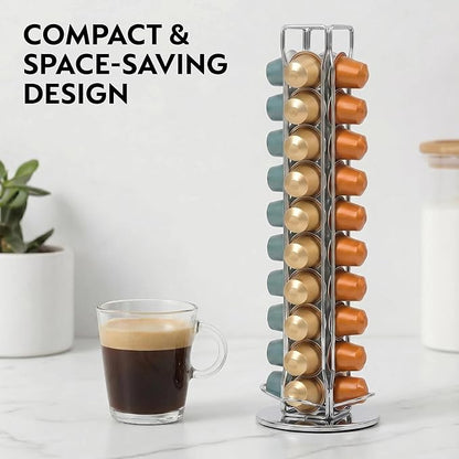 Rotating Coffee Pod Holder for Nespresso OriginalLine, 360° Swivel Coffee Capsule Carousel Storage Organizer for 40 Capsules, Compact Vertical Nespresso Capsule Stand Fits Countertop & Coffee Bar, Silver