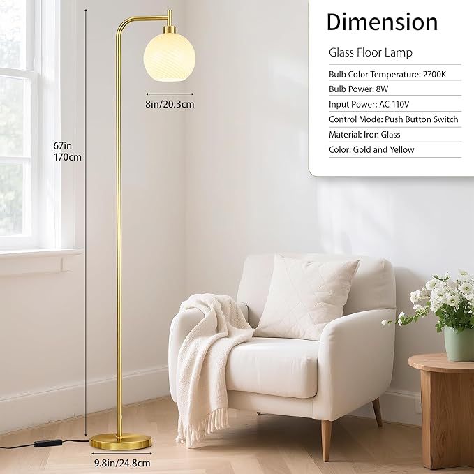 MAYNA Glass Floor lamp Living Room, Modern Vertical lamp, Remote Control Switch with Glass lampshade, 67-inch high lamp Suitable for Bedroom and Study (2700K LED Bulb Included)
