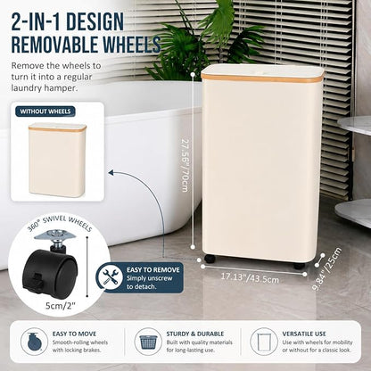 iEGrow Laundry Hamper with Lid, 75L Hamper with Wheels & Removable Bag, Slim Laundry Basket on Wheels with Bamboo Frame, Collapsible Rolling Clothes Hamper for Bedroom Dorm, Beige