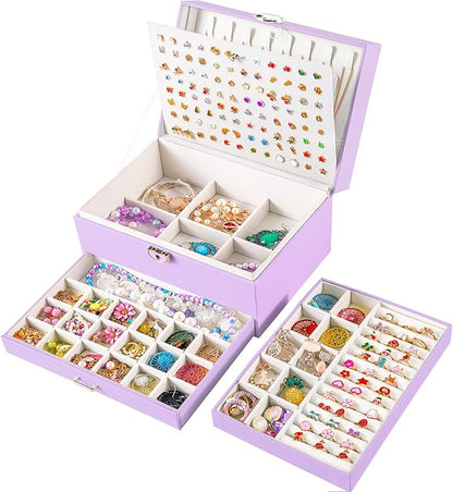 QBestry Earrings Jewelry Box for Girls, 5 Layers Jewelry Organizer with Earring Holder Organizer for Girls Earring Organizer Jewelry Boxes for Women Earrings and Necklaces Jewelry Box Organizer Violet