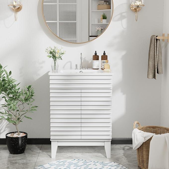 ROOMTEC 24" Bathroom Vanity with Sink, Mid-Century Freestanding Bathroom Vanity Sink with Storage, Undermount Ceramic Sink, Particleboard Frame with Wood Grain Laminate, White