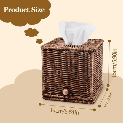 Rattan Tissue Box Cover Square Natural Woven Decorative Rectangle Tissue Box Holder Bathroom Napkins Roll Paper Face Towels Organizer on Table Rustic Boho Decorative 5.5 X 5.5 X 5.9in