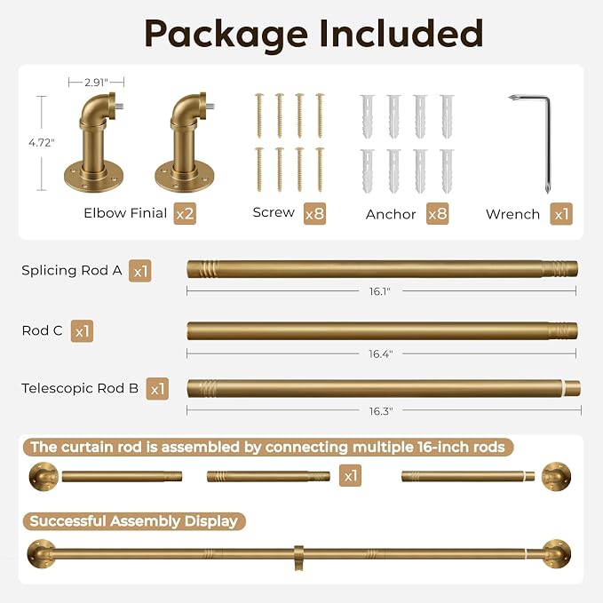 Zeerobee Curtain Rods for Windows 32 to 48, 1 Inch Industrial Wrap Around Warm Gold Curtain Rod, Indoor/Outdoor Room Divider Adjustable Drapery Pole, 32"-48"