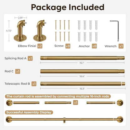Zeerobee Curtain Rods for Windows 32 to 48, 1 Inch Industrial Wrap Around Warm Gold Curtain Rod, Indoor/Outdoor Room Divider Adjustable Drapery Pole, 32"-48"